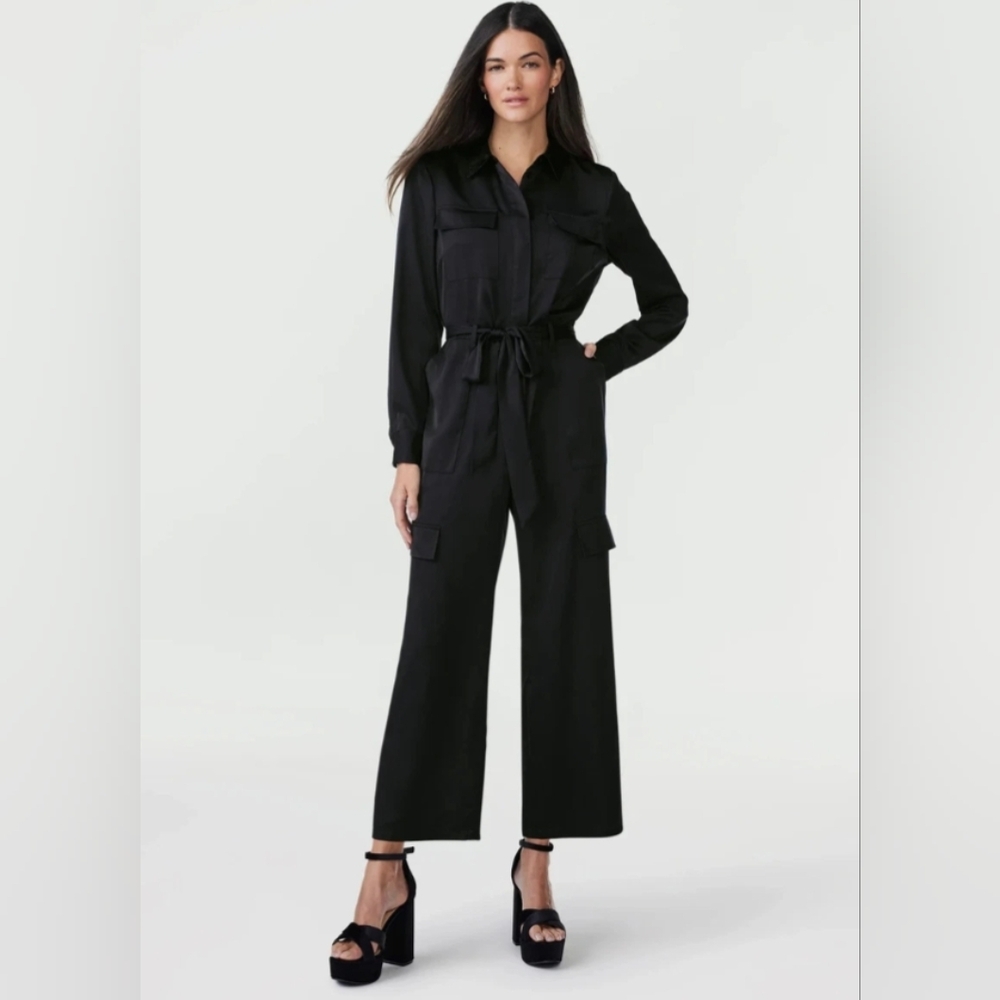 Scoop Wide Leg Black Satin Jumpsuit With Belt Size L